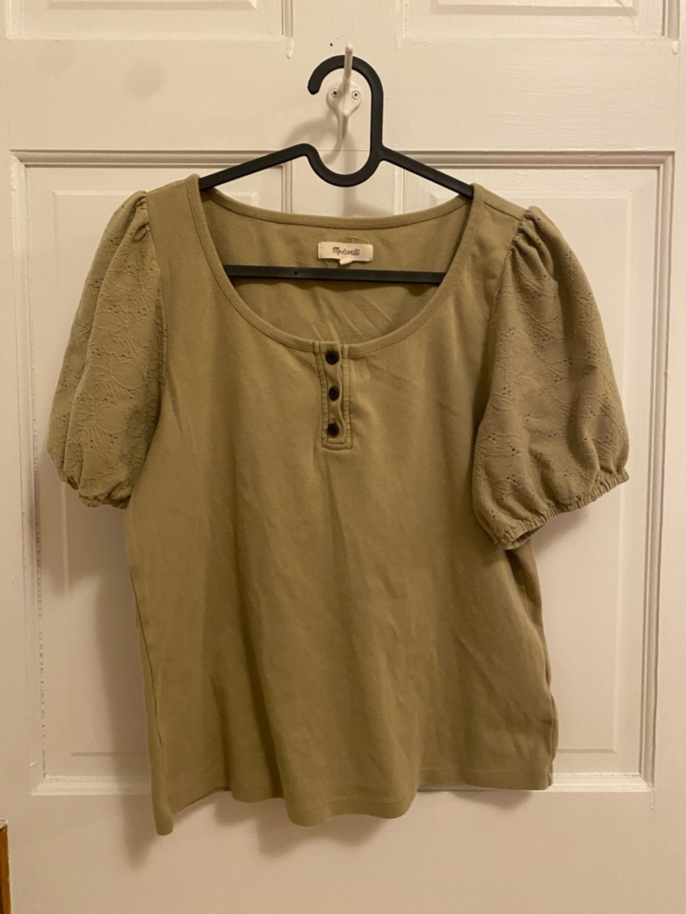 Madewell Women’s Olive Green Henley Puff-Sleeve Eyelet Spring Floral Tee M